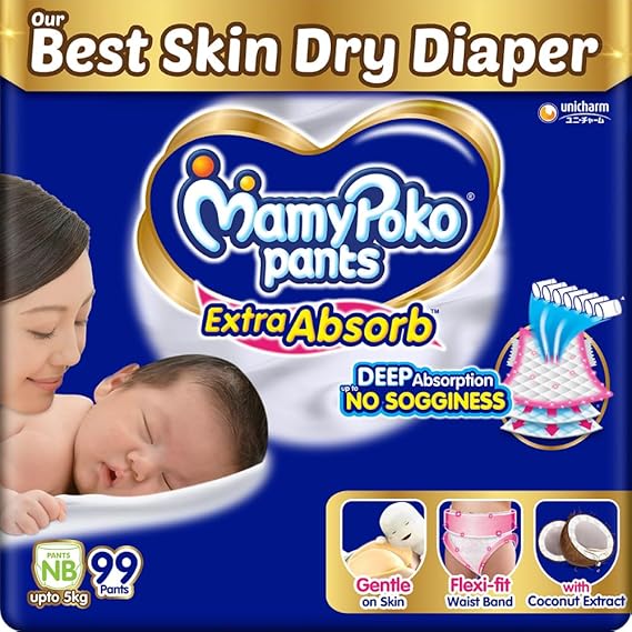 MamyPoko Pants Extra Absorb Baby Diapers, New Born (NB Size) | 0-5 kg | 99 Count |Deep Sleep Diapers| Soft Gentle fit |Deep Absorbent Crisscross | Skin Friendly with Coconut Oil |