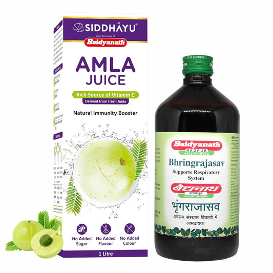 Baidyanath Amla Juice - Natural Immunity Booster Enriched With Vitamin C - 1 Ltr & Bhringrajasava 450 Ml Syrup