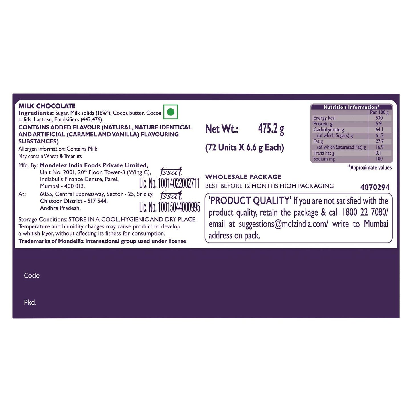 Cadbury Dairy Milk Chocolate, 6.3gram (Pack of 72)