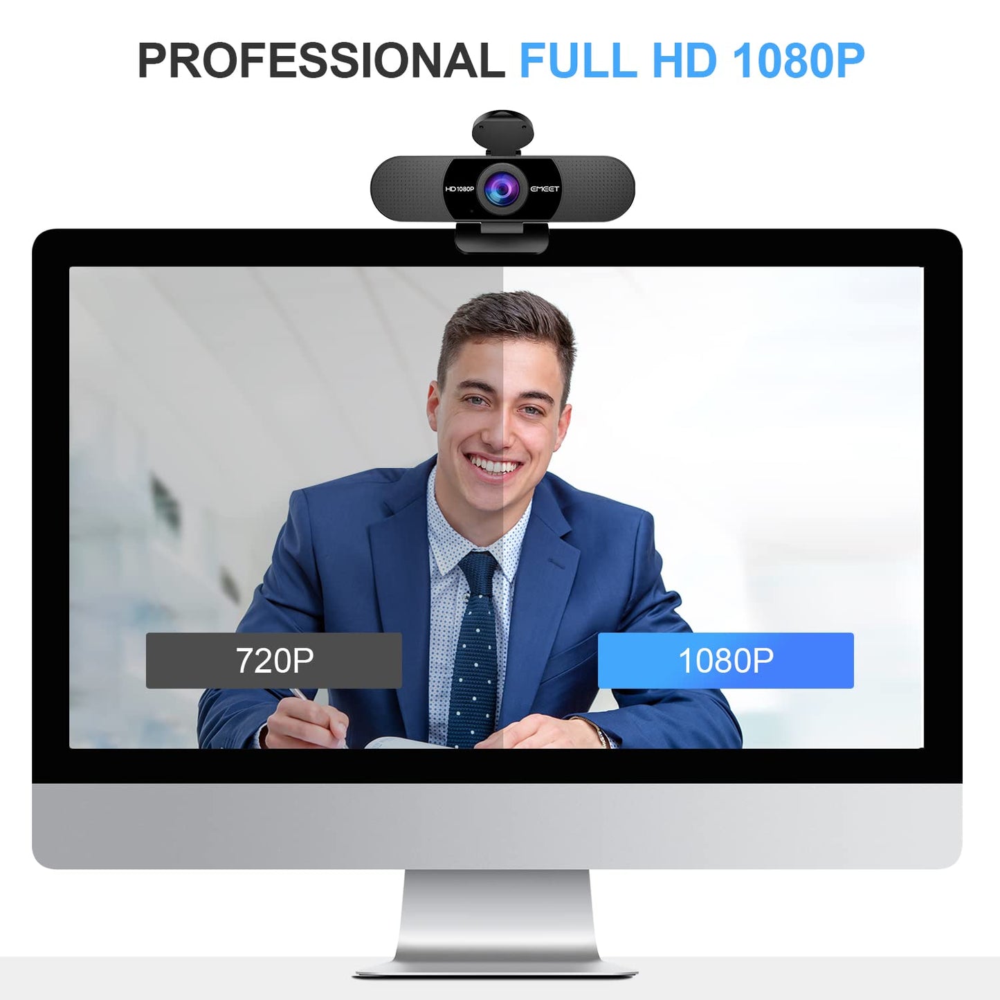 1080P Webcam with Microphone, eMeet C960 Web Camera, 2 Mics Streaming Webcam with Privacy Cover, 90°View Computer Camera, Plug&Play USB Webcam for Calls/Conference, Zoom/Skype/YouTube, Laptop/Desktop