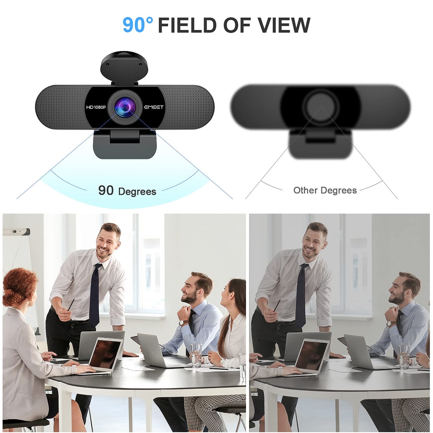1080P Webcam with Microphone, eMeet C960 Web Camera, 2 Mics Streaming Webcam with Privacy Cover, 90°View Computer Camera, Plug&Play USB Webcam for Calls/Conference, Zoom/Skype/YouTube, Laptop/Desktop
