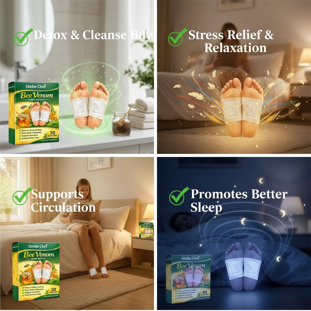 Umite Chef Bee Venom Foot Patch for Detox & Stress Relief | Natural Detox Foot Patches for Better Sleep, Body Pain Relief & Relaxation (10 Patches)