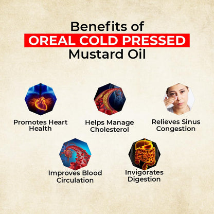 Oreal Premium Kachi Ghani Mustard Oil | 5 Litre | Natural & Pure Sarson Ka Tel | Cold Pressed | Cholesterol-Free | Rich in Omega 3 & 6 | Boosts Immunity | Ideal for Cooking & Pickling Sarso Oil