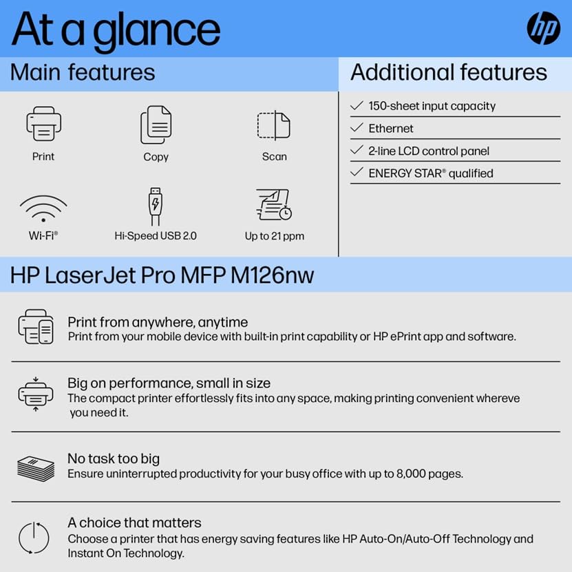 HP LaserJet Pro M126nw All-in-One B&W Printer for Home: Print, Copy, & Scan, Affordable, Compact, Easy Mobile Printing