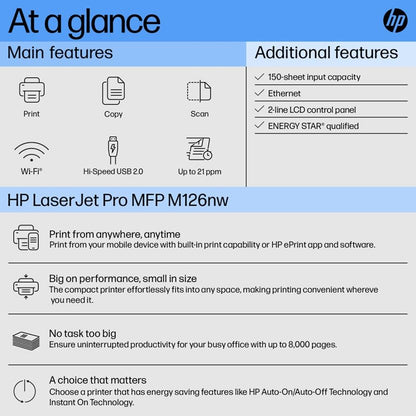 HP LaserJet Pro M126nw All-in-One B&W Printer for Home: Print, Copy, & Scan, Affordable, Compact, Easy Mobile Printing
