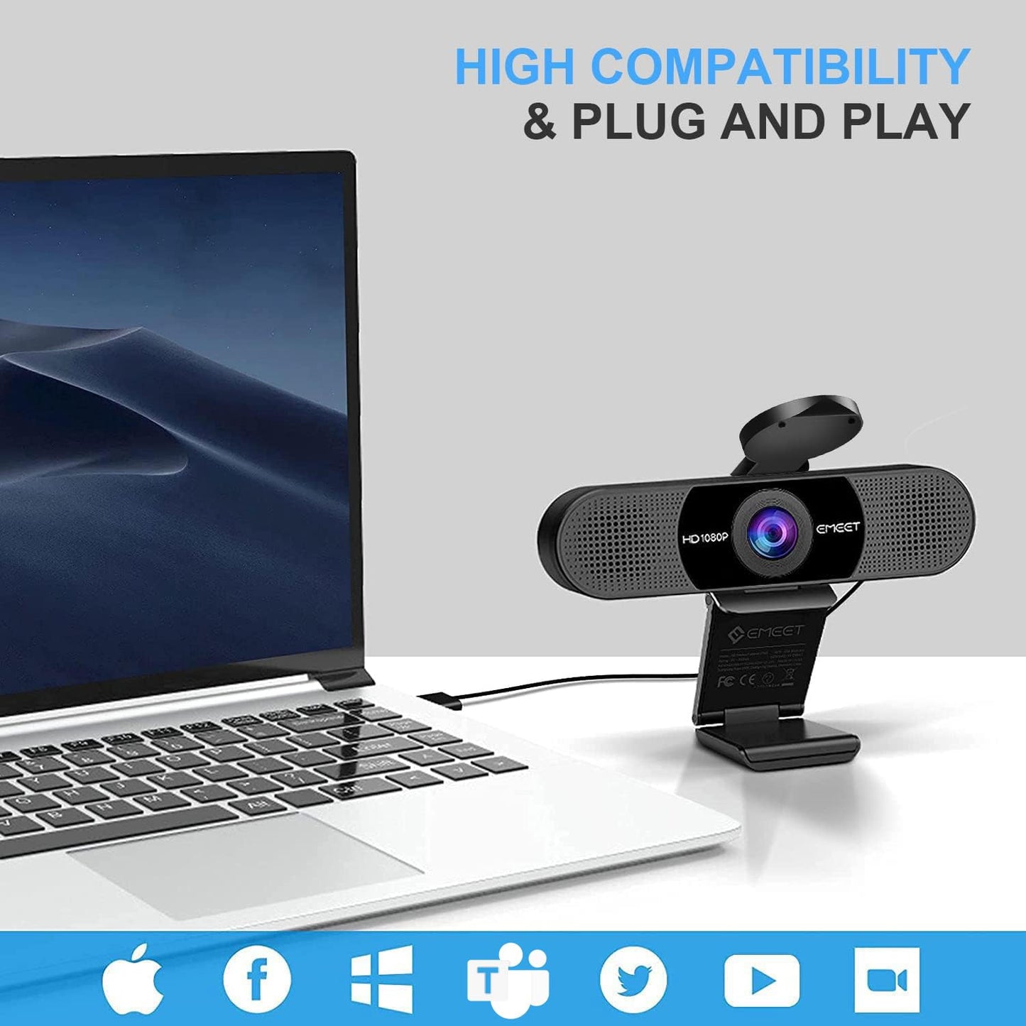 1080P Webcam with Microphone, eMeet C960 Web Camera, 2 Mics Streaming Webcam with Privacy Cover, 90°View Computer Camera, Plug&Play USB Webcam for Calls/Conference, Zoom/Skype/YouTube, Laptop/Desktop