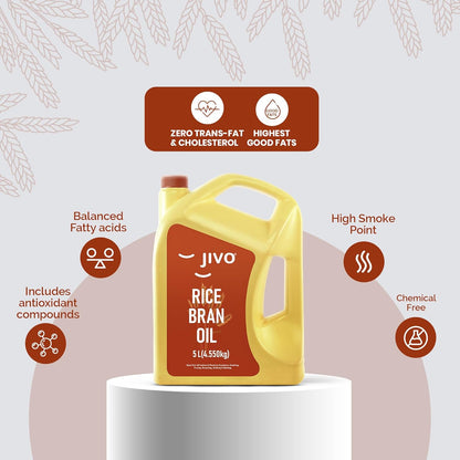 Jivo Rice Bran Oil 5 Litre | Premium Cooking Oil | Rich in Antioxidants | Ideal for Deep Frying, Sauteing & Baking | Chemical-Free