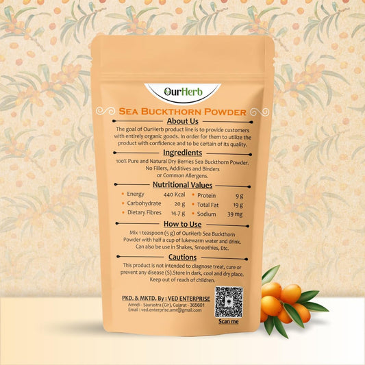 OurHerb Sea Buckthorn Berry Powder - 100 grams - Pure Sea Buckthorn Powder - Natural Source of Vitamins, Omega-3,6,7,9 & Anti Oxidants