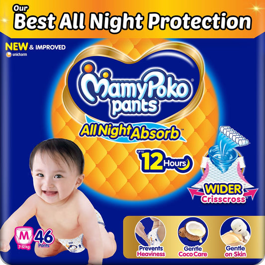 Mamypoko pants All night absorb| Pant Style Baby Diapers Medium Size(M), 46 Count, Ideal for 7-12Kgs|1 Diaper= Upto All night Absorption|Wider Crisscross Sheet|Gentle Coco Care| 12hr Leakage Protection| Prevents Heaviness.