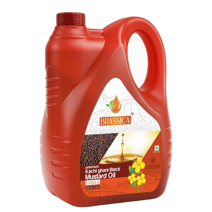 BRASSICA Kachi Ghani Black Mustard Oil 5L Bottle Cold Pressed & Wood Pressed | Pure Kaali Sarson Oil | Traditional Indian Flavor | Great for Cooking & Pickling | Non-GMO & Vegan-Friendly