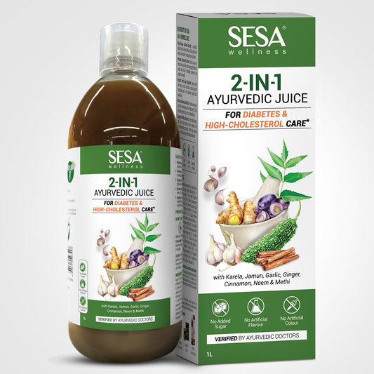 Sesa 2-in-1 Ayurvedic Juice – 1L | Supports Healthy Cholesterol & Blood Sugar Levels | With Karela, Jamun, Garlic & Cinnamon | No Added Sugar