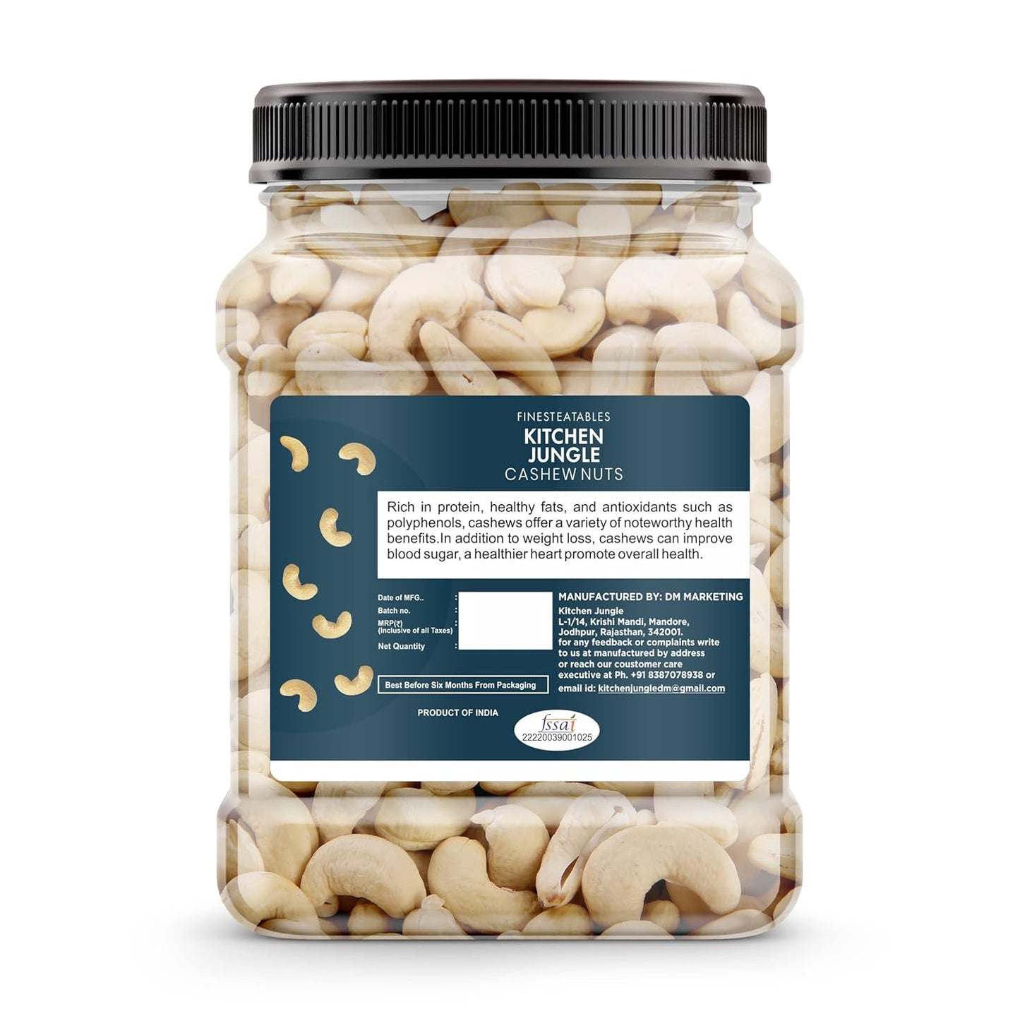 kitchen Jungle Whole Cashew Nuts Crunchy & Soft Kaju dry fruit grade w320 (1kg jar pack)