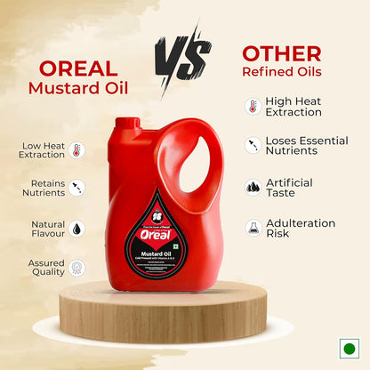 Oreal Premium Kachi Ghani Mustard Oil | 5 Litre | Natural & Pure Sarson Ka Tel | Cold Pressed | Cholesterol-Free | Rich in Omega 3 & 6 | Boosts Immunity | Ideal for Cooking & Pickling Sarso Oil