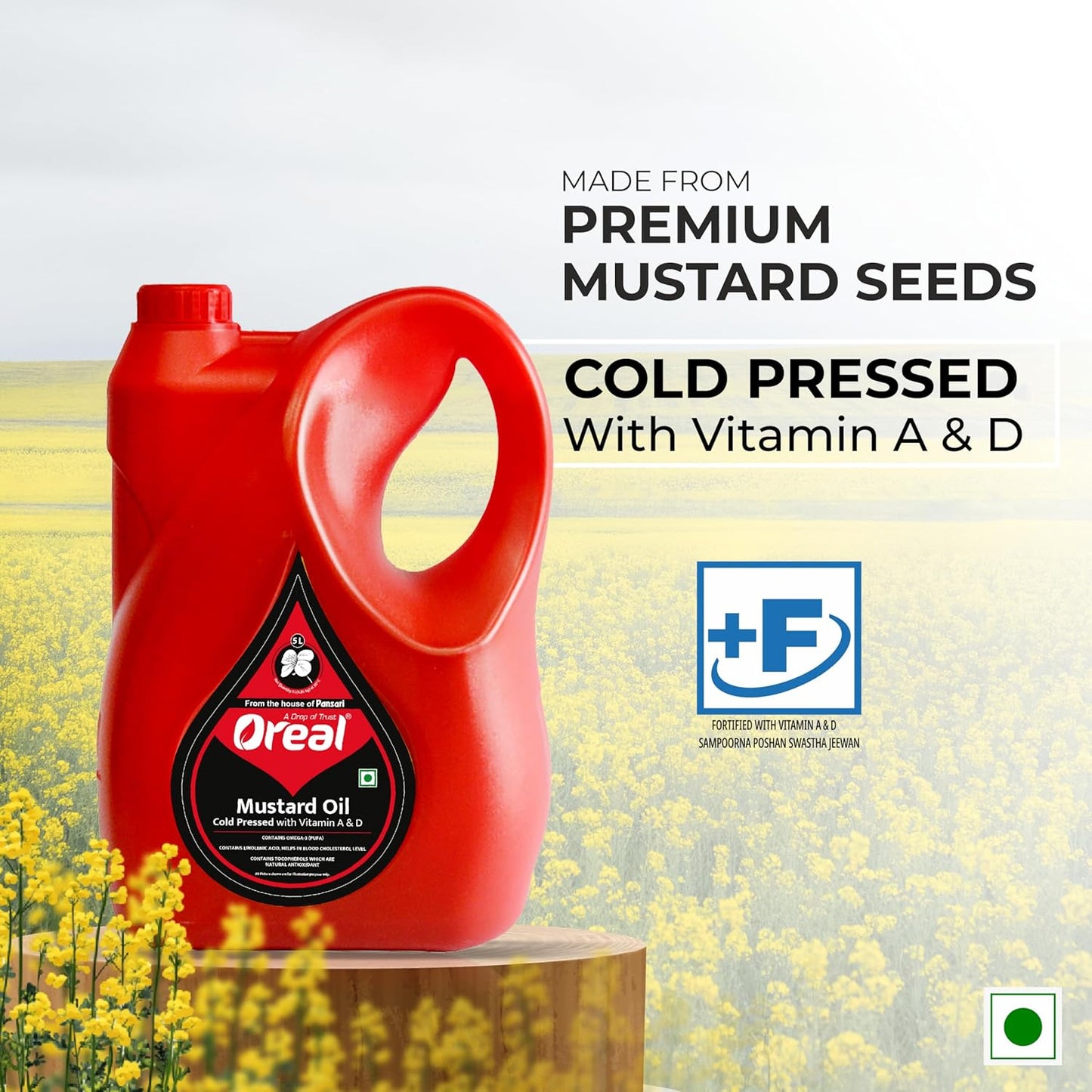 Oreal Premium Kachi Ghani Mustard Oil | 5 Litre | Natural & Pure Sarson Ka Tel | Cold Pressed | Cholesterol-Free | Rich in Omega 3 & 6 | Boosts Immunity | Ideal for Cooking & Pickling Sarso Oil