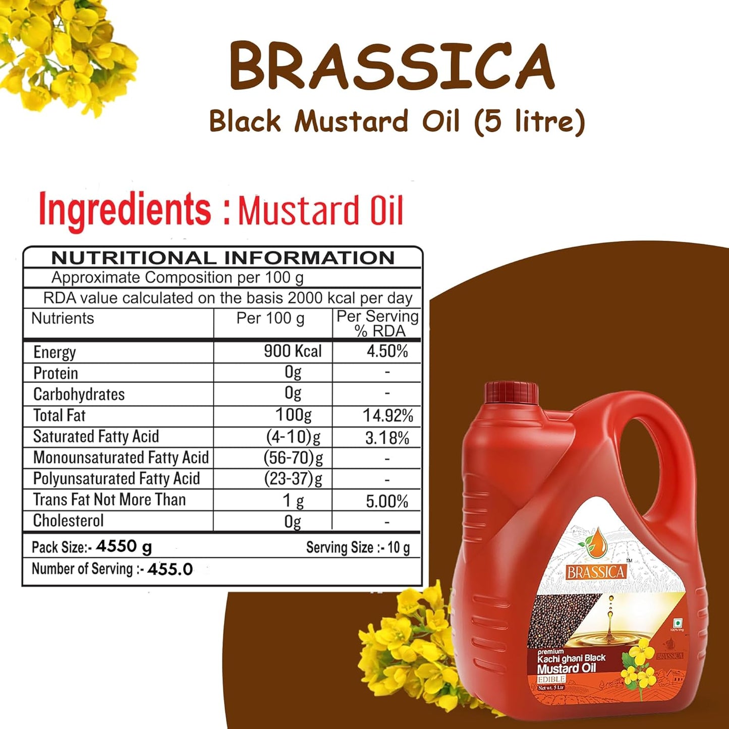 BRASSICA Kachi Ghani Black Mustard Oil 5L Bottle Cold Pressed & Wood Pressed | Pure Kaali Sarson Oil | Traditional Indian Flavor | Great for Cooking & Pickling | Non-GMO & Vegan-Friendly