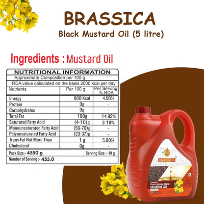 BRASSICA Kachi Ghani Black Mustard Oil 5L Bottle Cold Pressed & Wood Pressed | Pure Kaali Sarson Oil | Traditional Indian Flavor | Great for Cooking & Pickling | Non-GMO & Vegan-Friendly