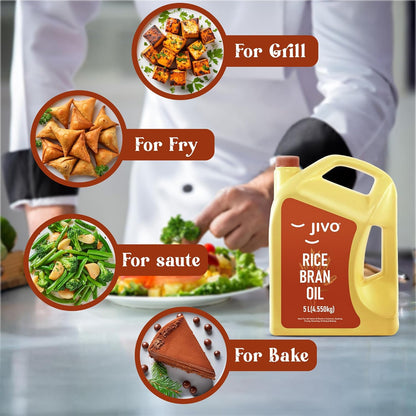 Jivo Rice Bran Oil 5 Litre | Premium Cooking Oil | Rich in Antioxidants | Ideal for Deep Frying, Sauteing & Baking | Chemical-Free