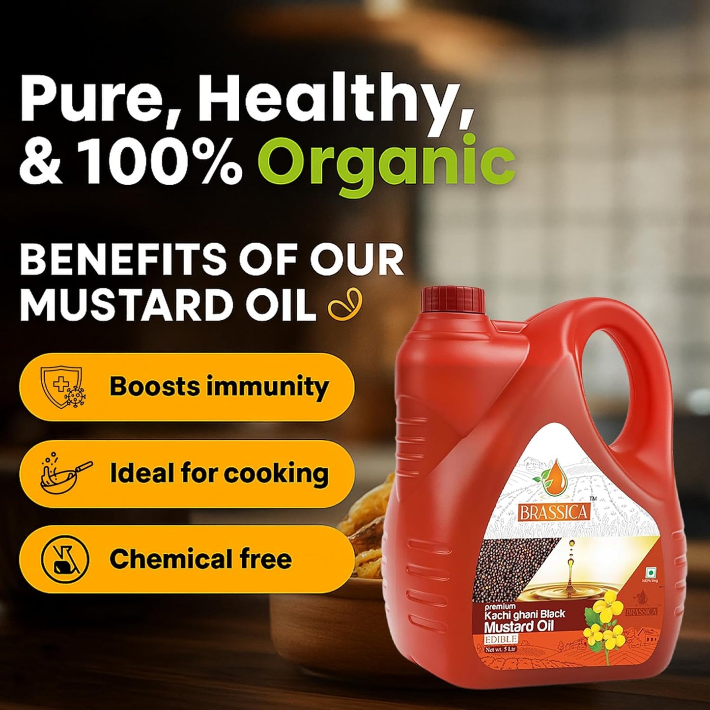 BRASSICA Kachi Ghani Black Mustard Oil 5L Bottle Cold Pressed & Wood Pressed | Pure Kaali Sarson Oil | Traditional Indian Flavor | Great for Cooking & Pickling | Non-GMO & Vegan-Friendly